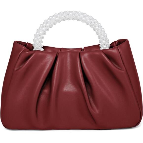 Women Small Pearl Handbags Soft Leather Red - Picture 1 of 7